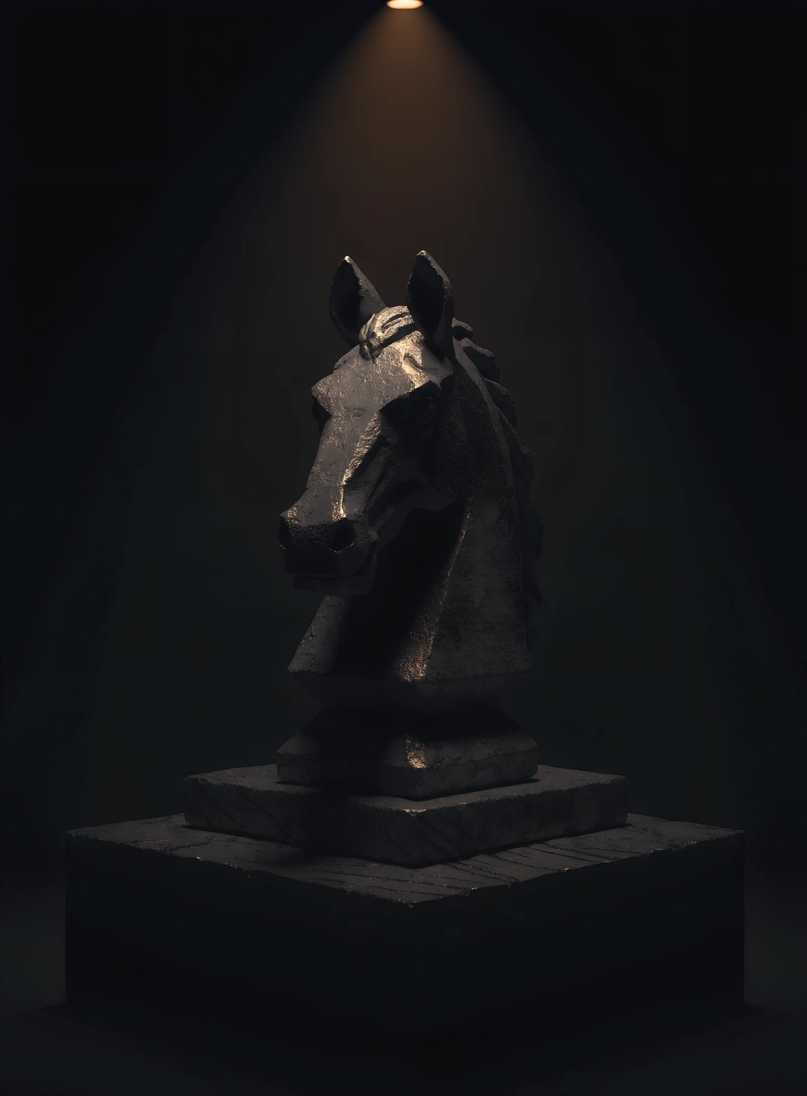 A graphite stallion-knight relic on a stone pedestal under a single warm lamp